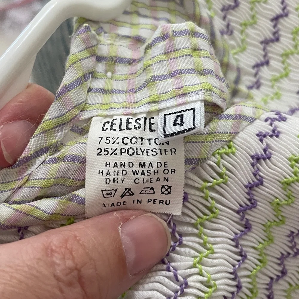 Celeste Smocked Gingham Dress. Lavender, white, green. Floral accents Size 4 EUC